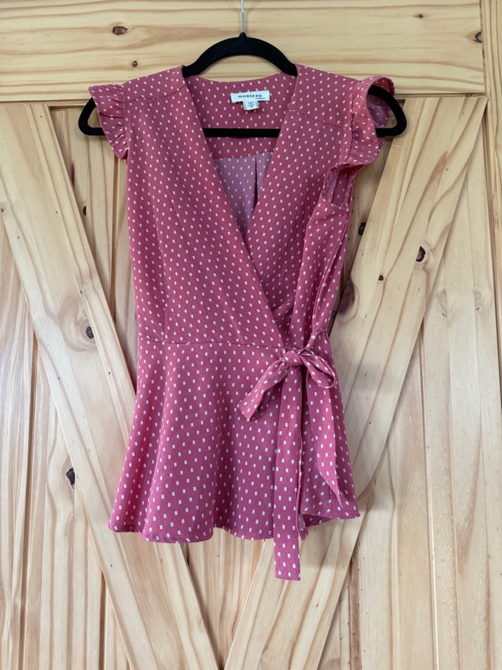 Monteau Rose-Pink Polka Dot Wrap Blouse